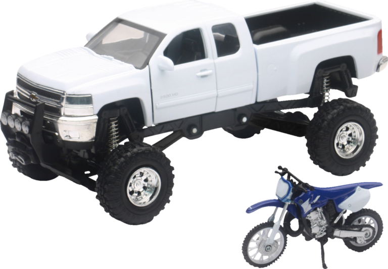 NEW RAY TOYS - Chevrolet Silverado Offroad Pick Up w/ Yamaha Dirt Bike - 1:32 Scale - White/Black/Blue