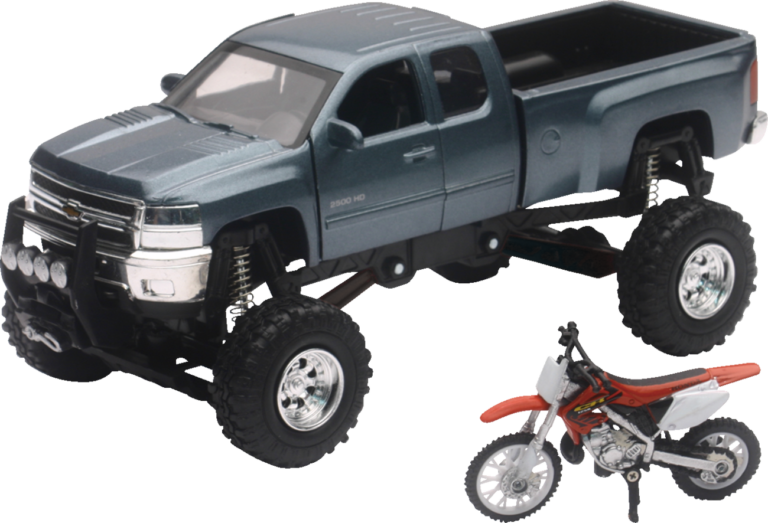 NEW RAY TOYS - Chevrolet Silverado Offroad Pick Up w/ Honda Dirt Bike - 1:32 Scale - Gray/Black/Red
