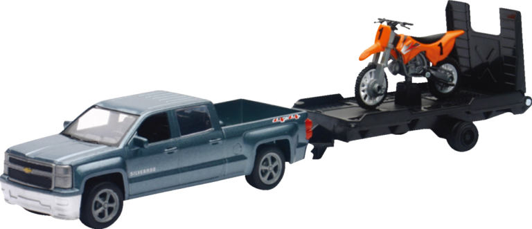 NEW RAY TOYS - Chevrolet Silverado Pick Up w/ Dirt Bike - 1:43 Scale - Gray/Orange