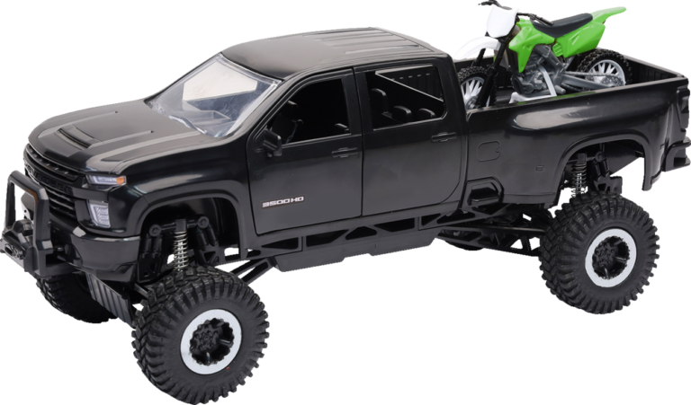 NEW RAY TOYS - Chevrolet 3500HD Offroad Pick Up w/ Dirt Bike - 1:32 Scale - Black/Green