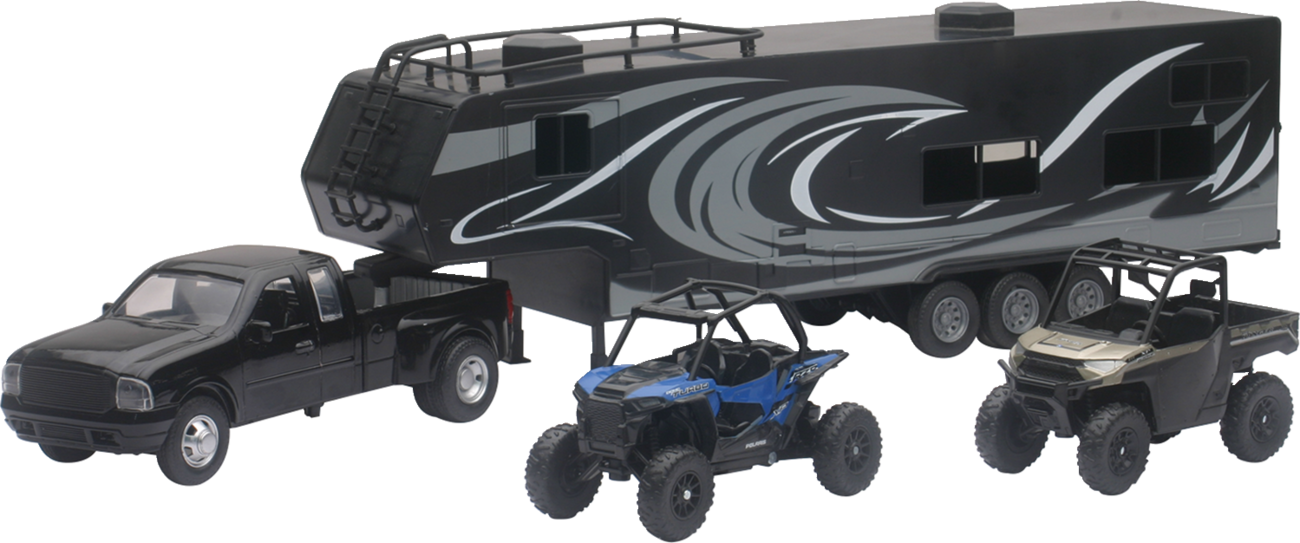 NEW RAY TOYS - Pick Up Toy Hauler w/ Polaris Vehicles Set - 1:18 Scale - Black/Blue/Red - Image 2