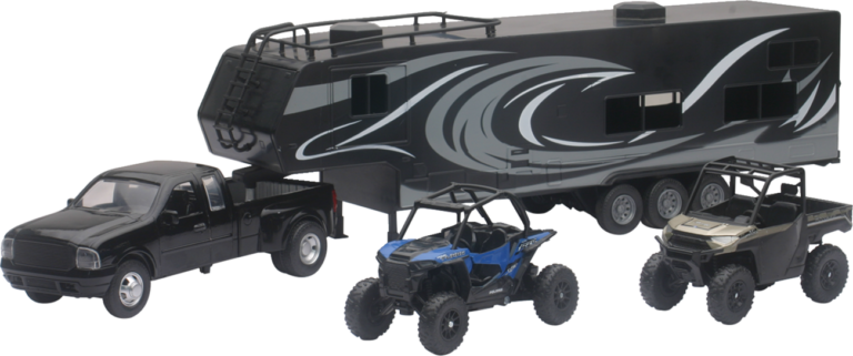 NEW RAY TOYS - Pick Up Toy Hauler w/ Polaris Vehicles Set - 1:18 Scale - Black/Blue/Red