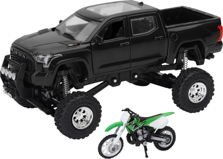 NEW RAY TOYS - Toyota Tundra Off Road Pick Up w/ Kawasaki Dirt Bike - 1:32 Scale - Black/Green