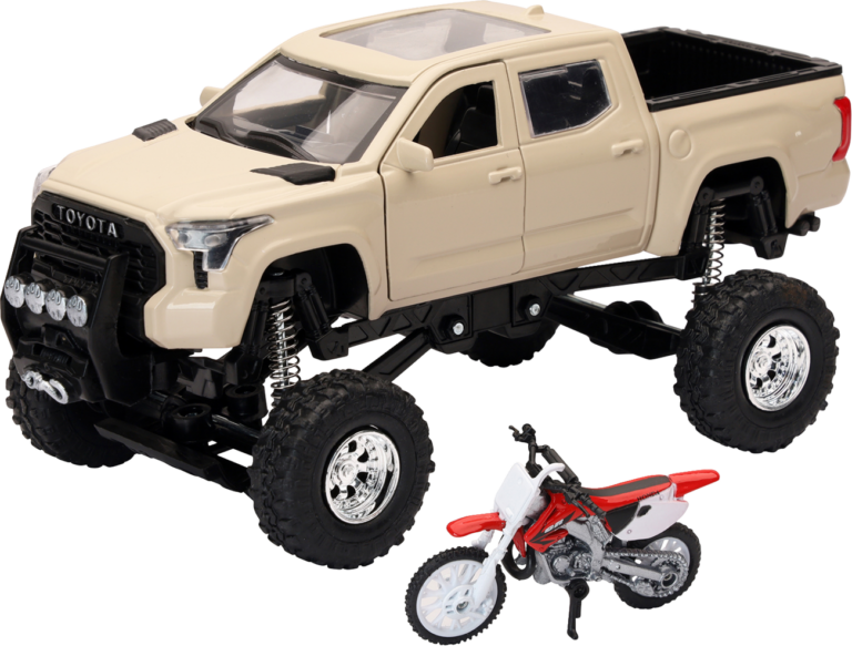 NEW RAY TOYS - Toyota Tundra Off Road Pick Up w/ Honda Dirt Bike - 1:32 Scale - Tan/Red